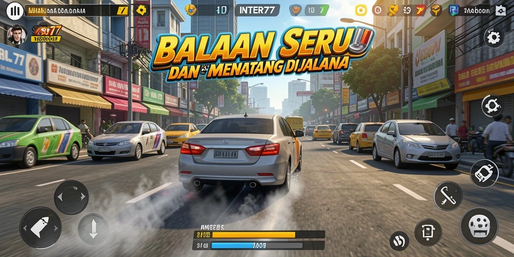Screenshot INTER77 menampilkan balapan seru di jalanan dengan mobil yang cepat.