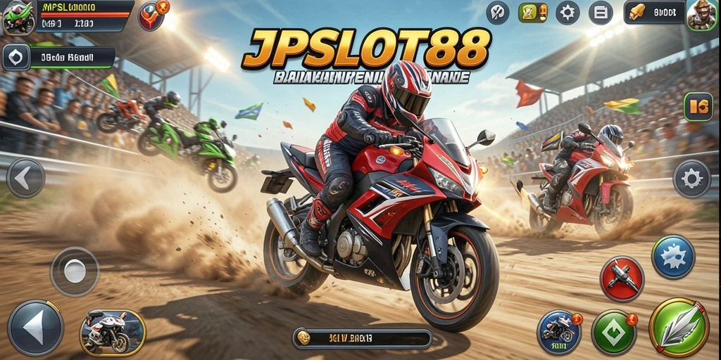 Screenshot gameplay JPSLOT88 dengan balapan motor yang intens.
